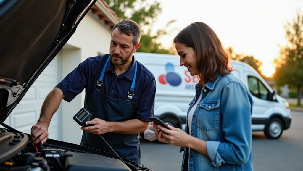The mechanic’s service van is parked on the street with the company logo visible. The neighborhood is calm, and the sky is clear.