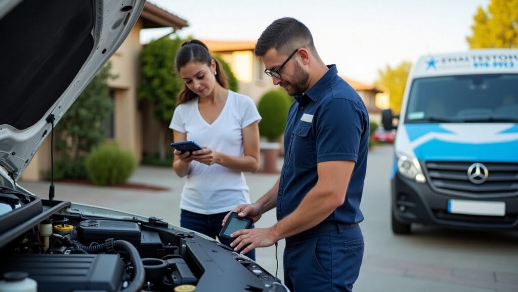 A professional mobile mechanic in Riverside, CA, working on a car in a suburban driveway. The mechanic is checking the engine with a diagnostic tool while a busy parent stands nearby, managing their phone and organizing their day.