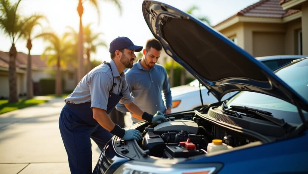 Certified mobile mechanic in Riverside performing a safe car repair in a residential driveway