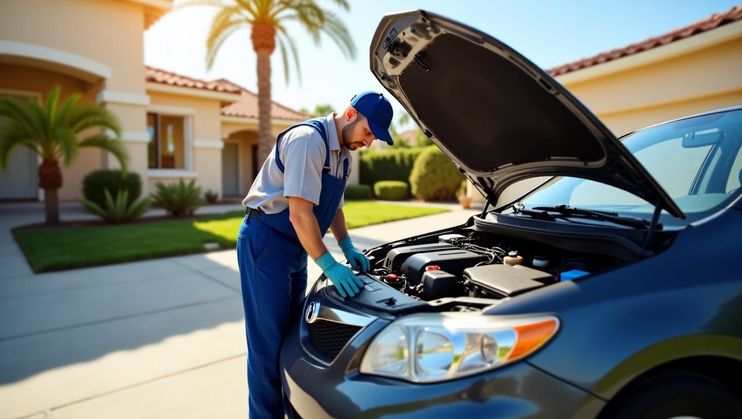 Customer and mobile technician discussing safety precautions before a car service appointment in Riverside, CA