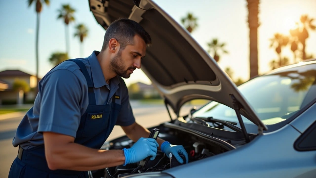 Auto technician performing an oil change on-site at a customer’s home in Riverside, CA
