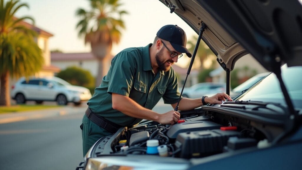 Mobile mechanic diagnosing a vehicle in a residential Riverside driveway.